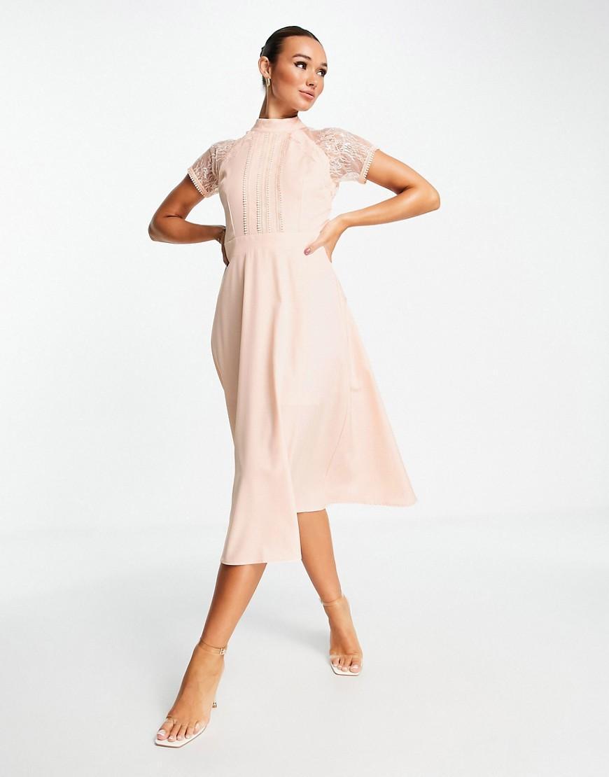 Liquorish a line lace detail midi dress in pale pink Product Image