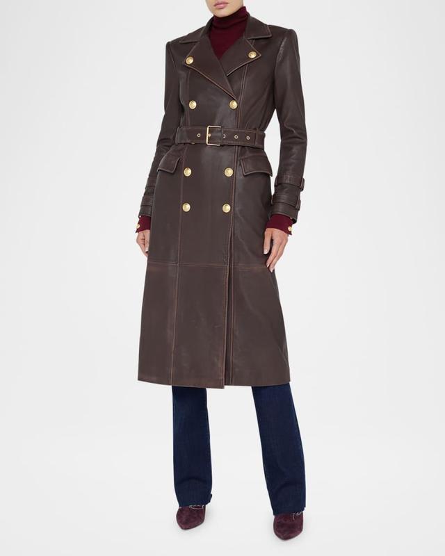 Celina Double-Breasted Leather Trench Coat Product Image