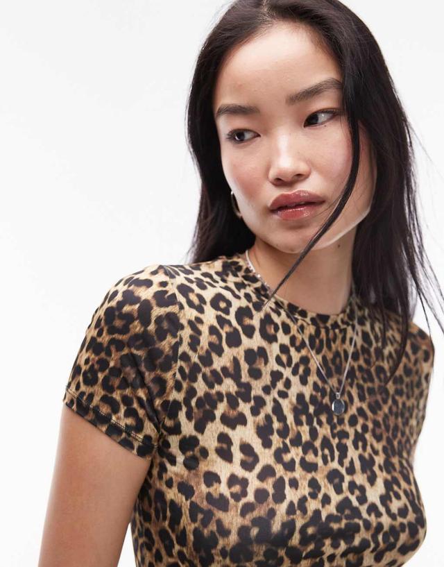 Topshop leopard print microfiber t-shirt in brown  Product Image