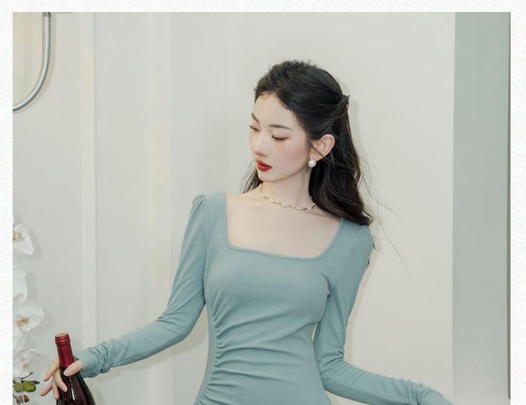 Long Sleeve Square Neck Plain Sequin Panel Asymmetrical Midi A-Line Dress Product Image