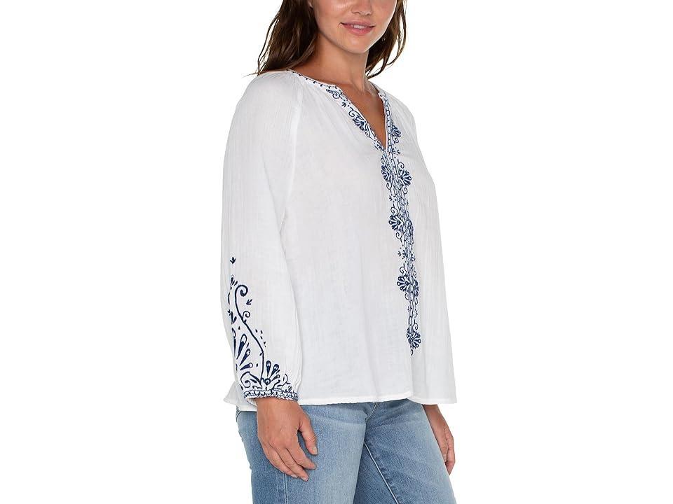 Liverpool Los Angeles Long Sleeve Embroidered Double Gauze Woven Top ( Blue Embroidered) Women's Clothing Product Image