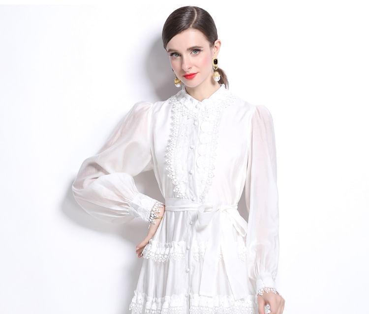 Long Sleeve Band Collar Plain Tiered Button Panel Lace Maxi A-Line Dress Product Image