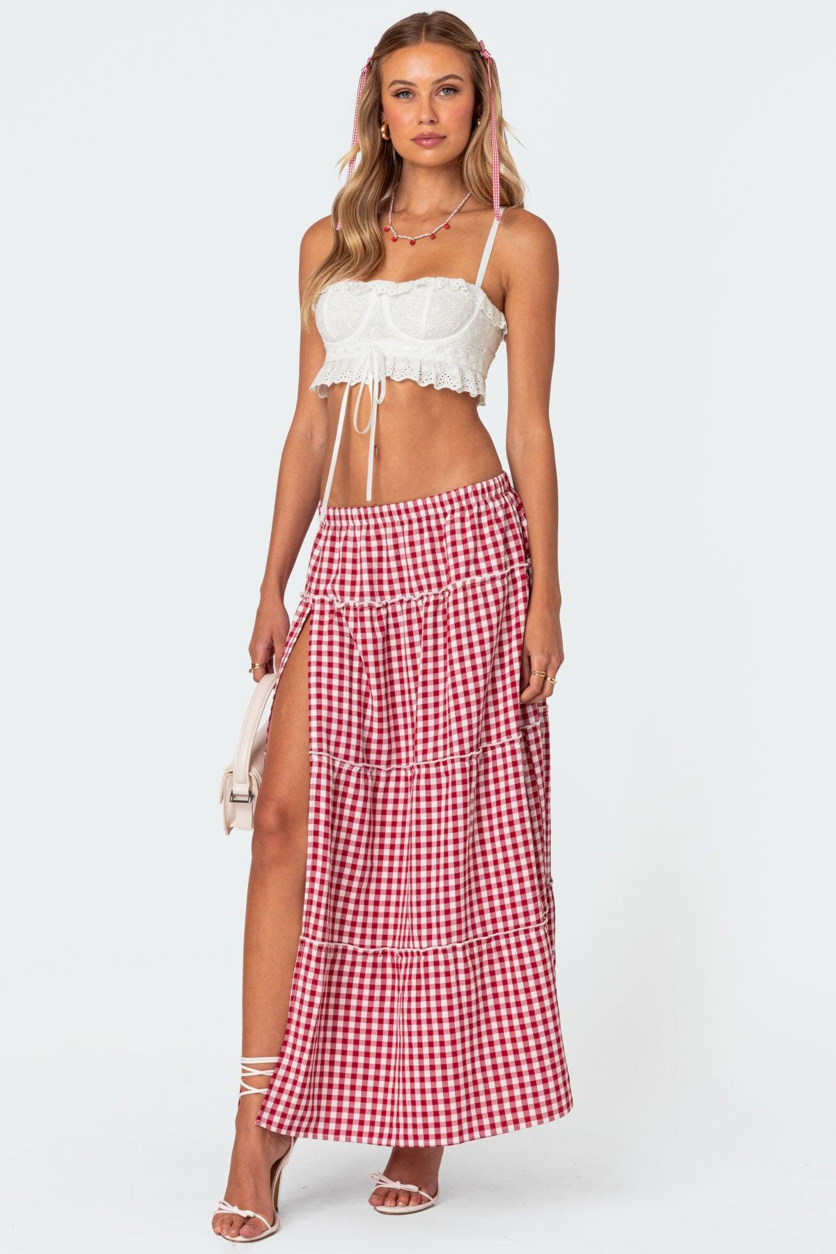 Gingham Side Slit Tiered Maxi Skirt Product Image