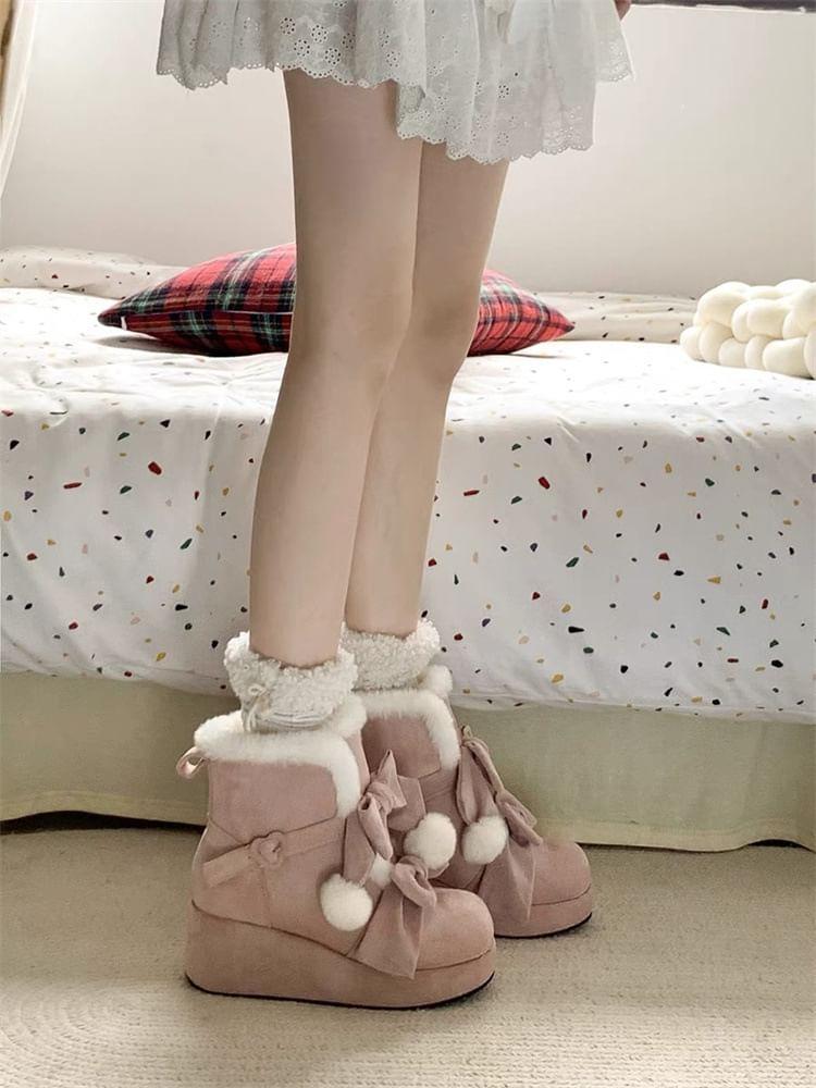 Platform Bow Pom Pom Heart Buckled Fleece-Lined Short Boots Product Image