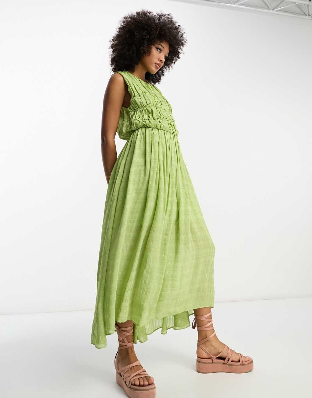 ASOS DESIGN gathered textured highlow midi dress in pistachio Product Image