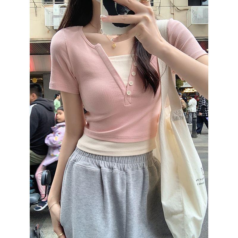 Short-Sleeve Mock Two Piece Button Up Crop Top Product Image