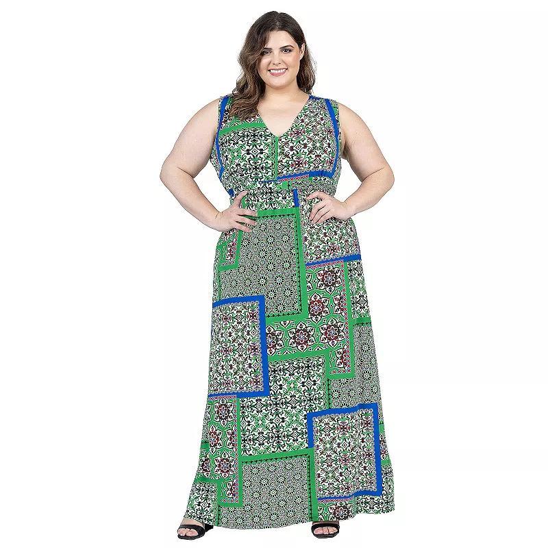 Plus Size 24Seven Comfort Print V Neck Empire Waist Sleeveless Maxi Dress, Womens Product Image