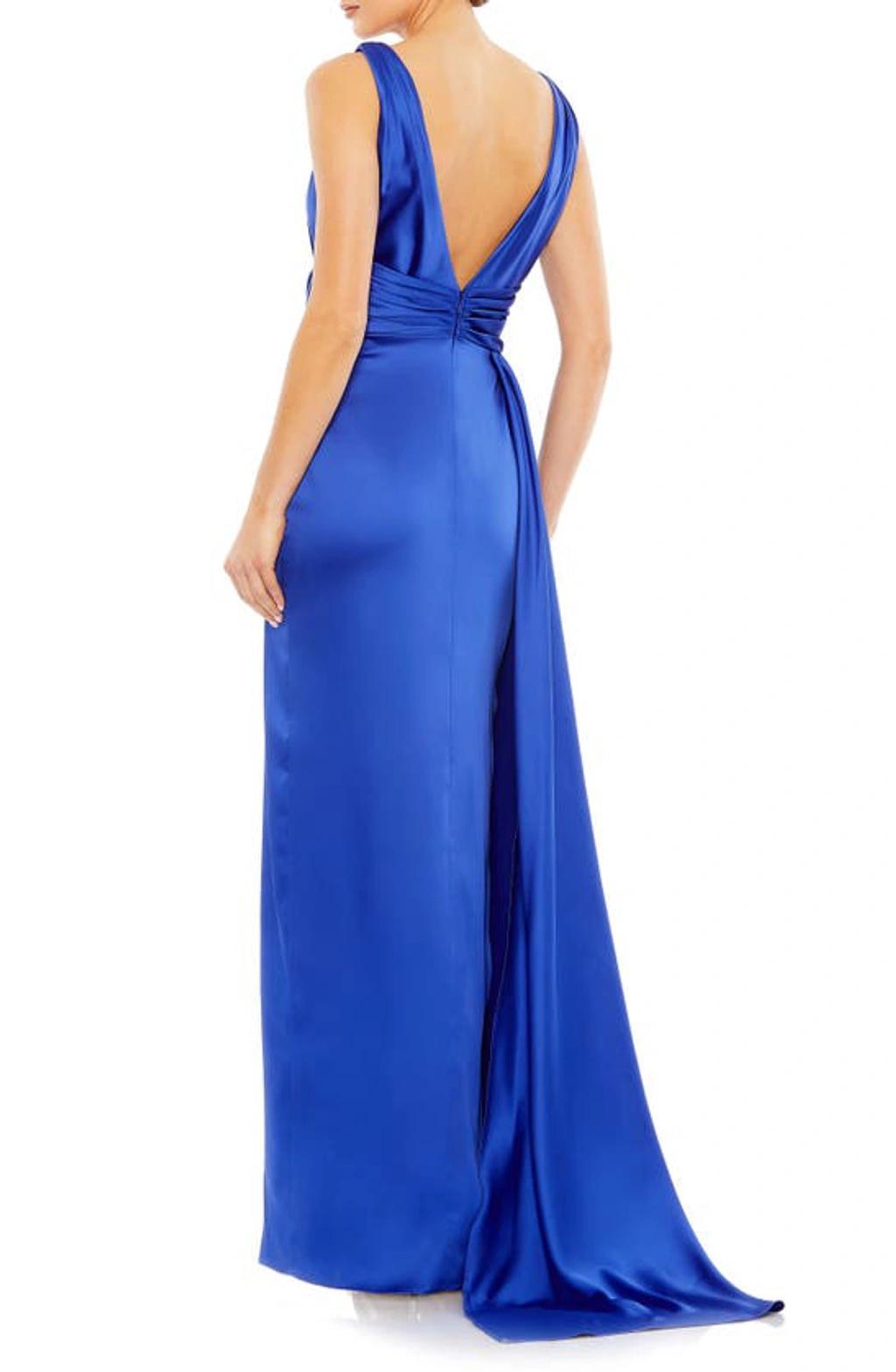 Satin Draped V-neck Gown In Royal Product Image