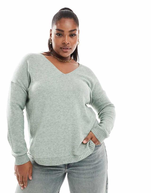 ONLY Curve v-neck sweater in light heathered green  Product Image