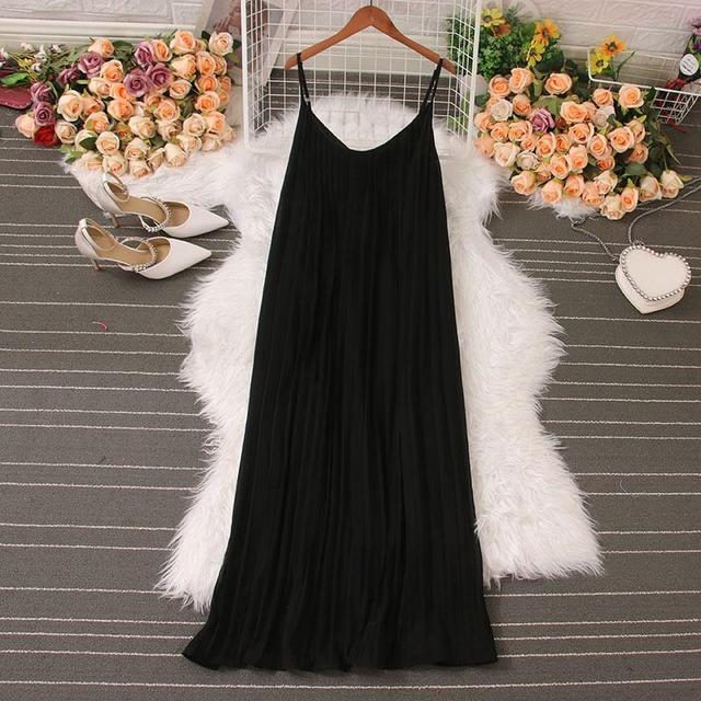 Spaghetti Strap Plain Accordion Pleated Maxi A-Line Dress Product Image