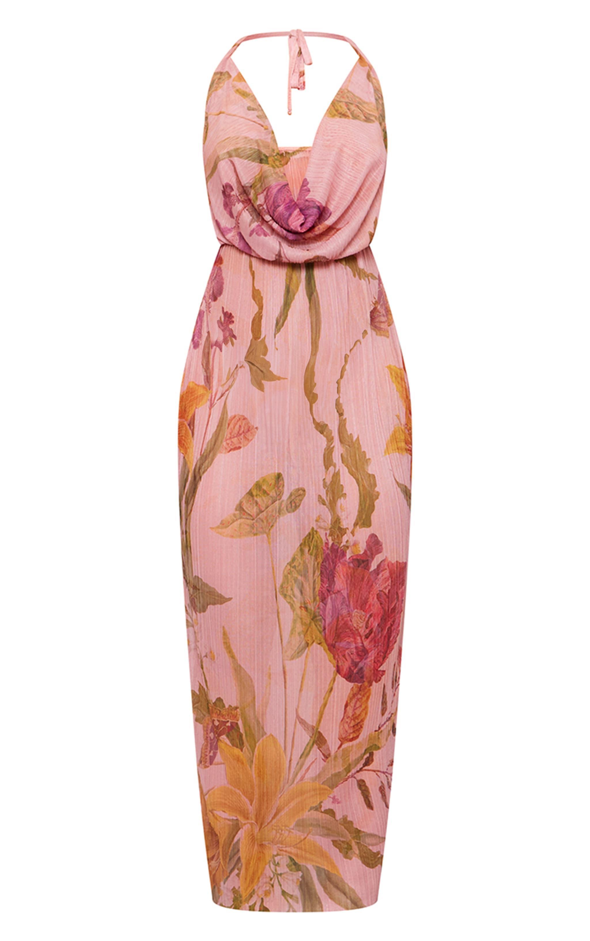 Pink Print Sheer Plisse Cowl Neck Maxi Dress Product Image