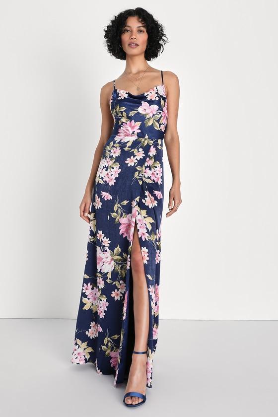 Love of Romance Navy Floral Print Satin Cowl Neck Maxi Dress Product Image