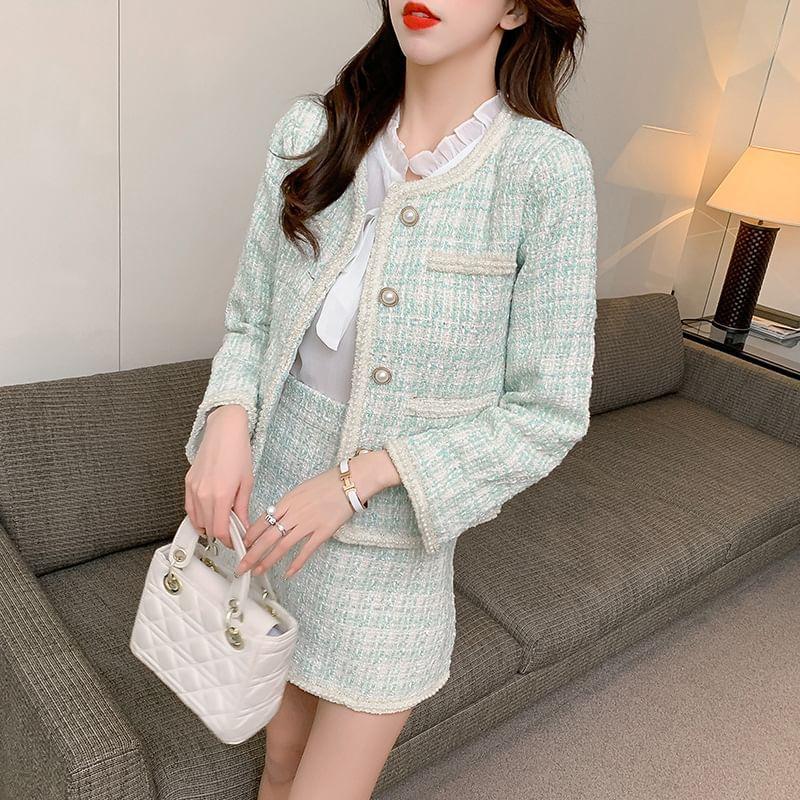 Faux Pearl Button-Up Tweed Jacket / High Rise Mini A-Line Skirt / Puff-Sleeve Ruffle Tie-Neck Plain Blouse / Set Product Image