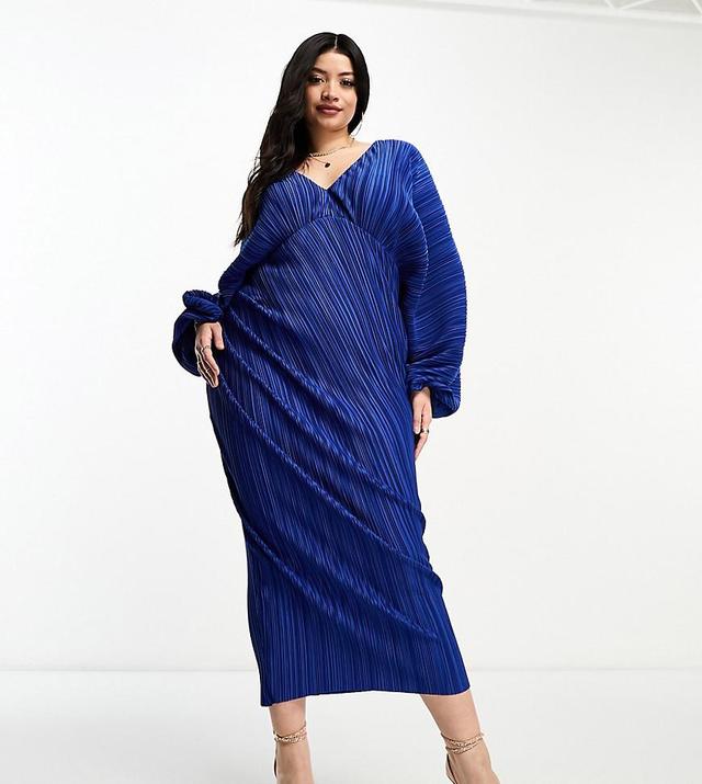 ASOS DESIGN Curve deep plunge blouson sleeve plisse midi dress in blue Product Image