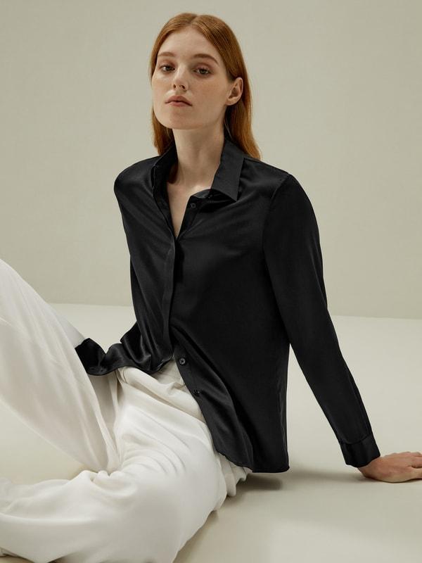 Basic Concealed Placket Silk Shirt Product Image