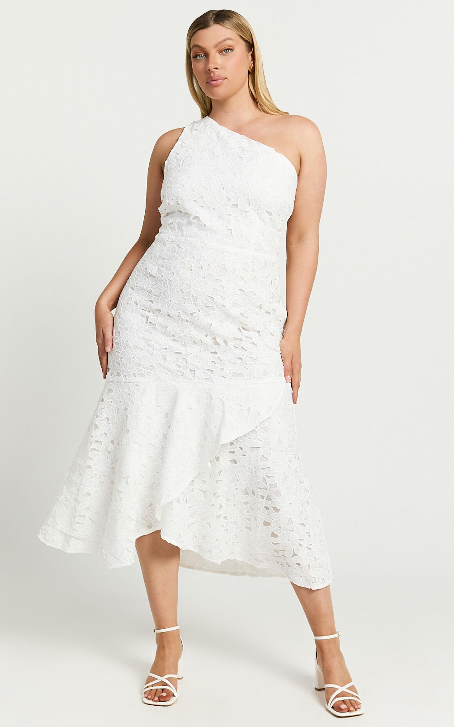 Beth Midi Dress - One Shoulder Ruffle Hem Lace Dress in White Product Image