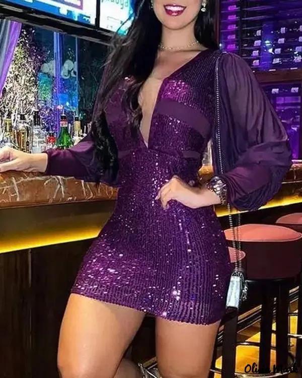 Olivia Mark – Sequined sheer mesh dress with plunging neckline Product Image