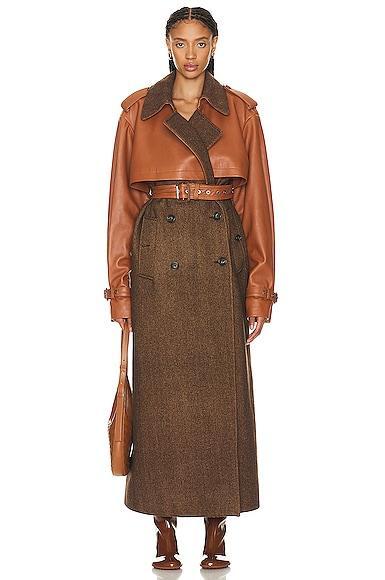 SIMKHAI Doni Faux Leather Combo Trench Coat Brown. (also in L). Product Image