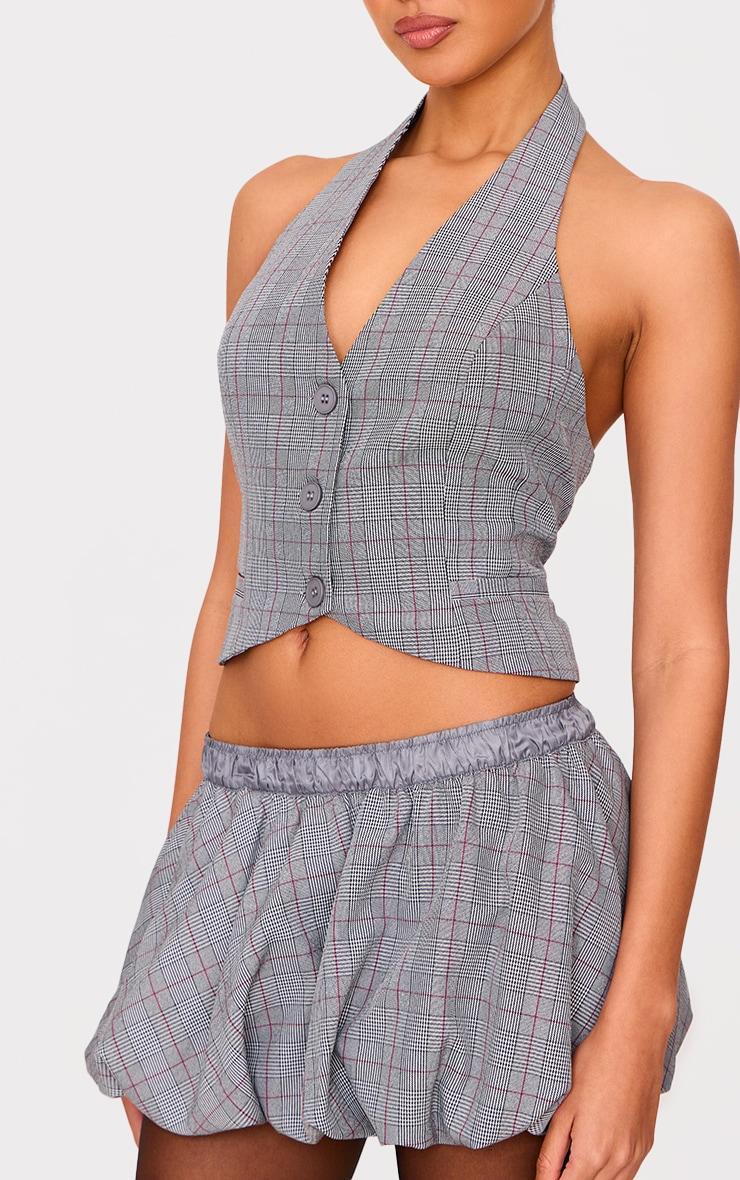 Grey Check Woven Tailored Puff Ball Waistband Skirt Product Image