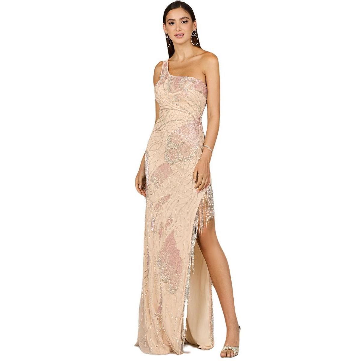 Women's One Shoulder Beaded Gown with Fringe Slit Product Image