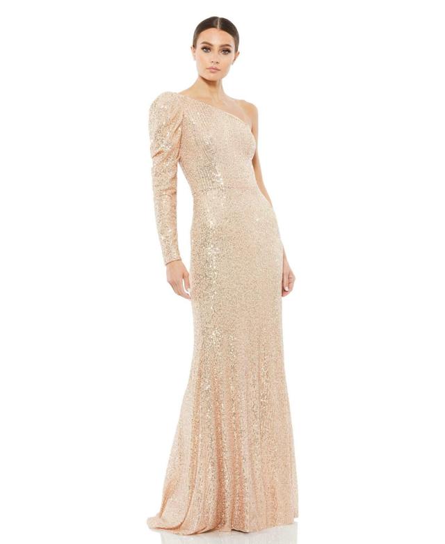 Mac Duggal One-Shoulder Long Sleeve Sequin Trumpet Gown Product Image