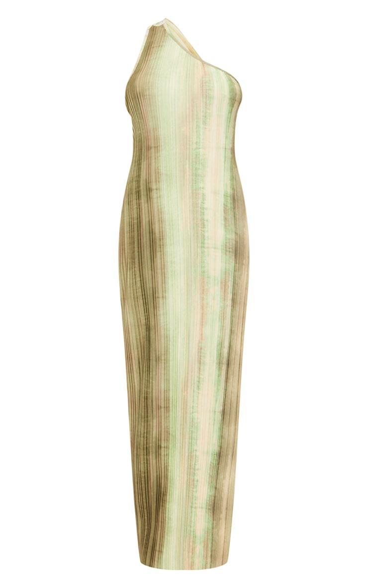 Green Watercolour Plisse One Shoulder Scoop Back Maxi Dress Product Image