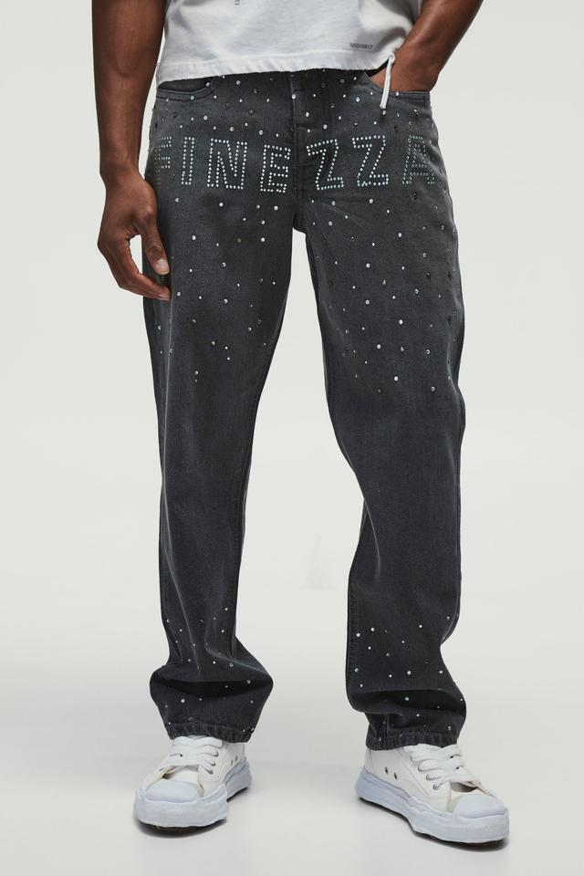 Rhinestone Studded Slogan Straight Fit Jeans | boohooMAN USA Product Image