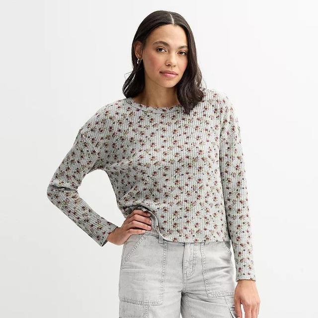 Juniors Rewind Long Sleeve Waffle Top, Womens Gray Grey Print Product Image