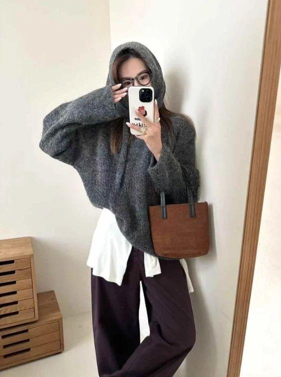 Long Sleeve Plain Loose-Fit Hooded Knit Top Product Image