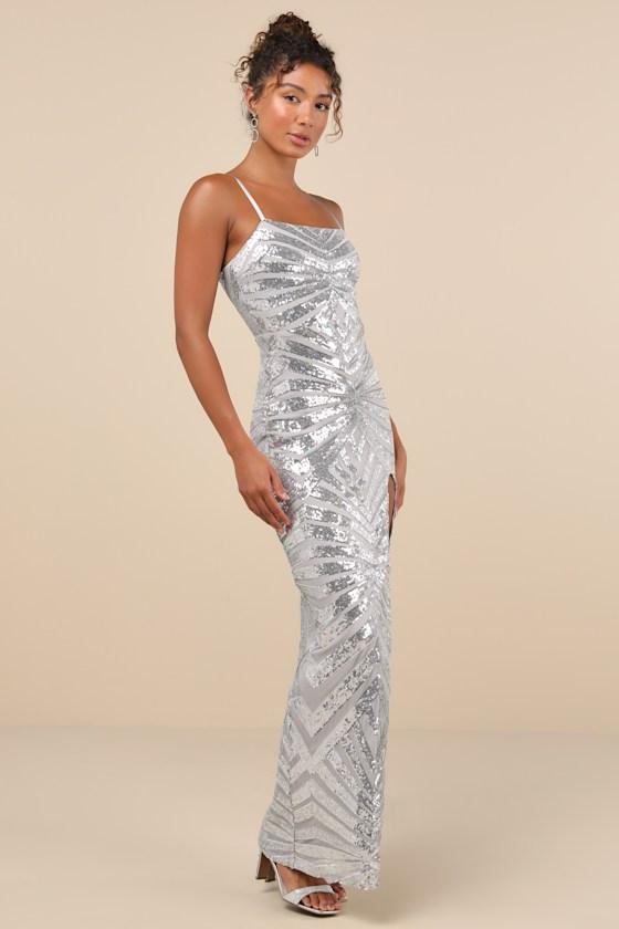 Glimmering Beauty Silver Sequin Sleeveless Column Maxi Dress product image