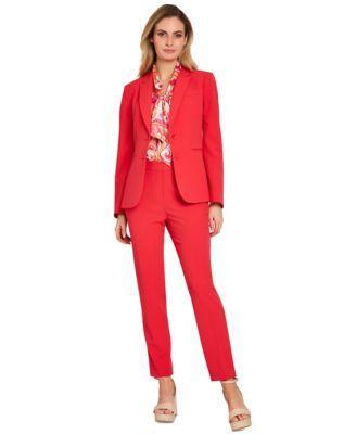 Women's Two-Button Rolled-Sleeve Jacket, Sleeveless Printed Bow-Neck Blouse, & Classic Straight-Leg Pants Product Image