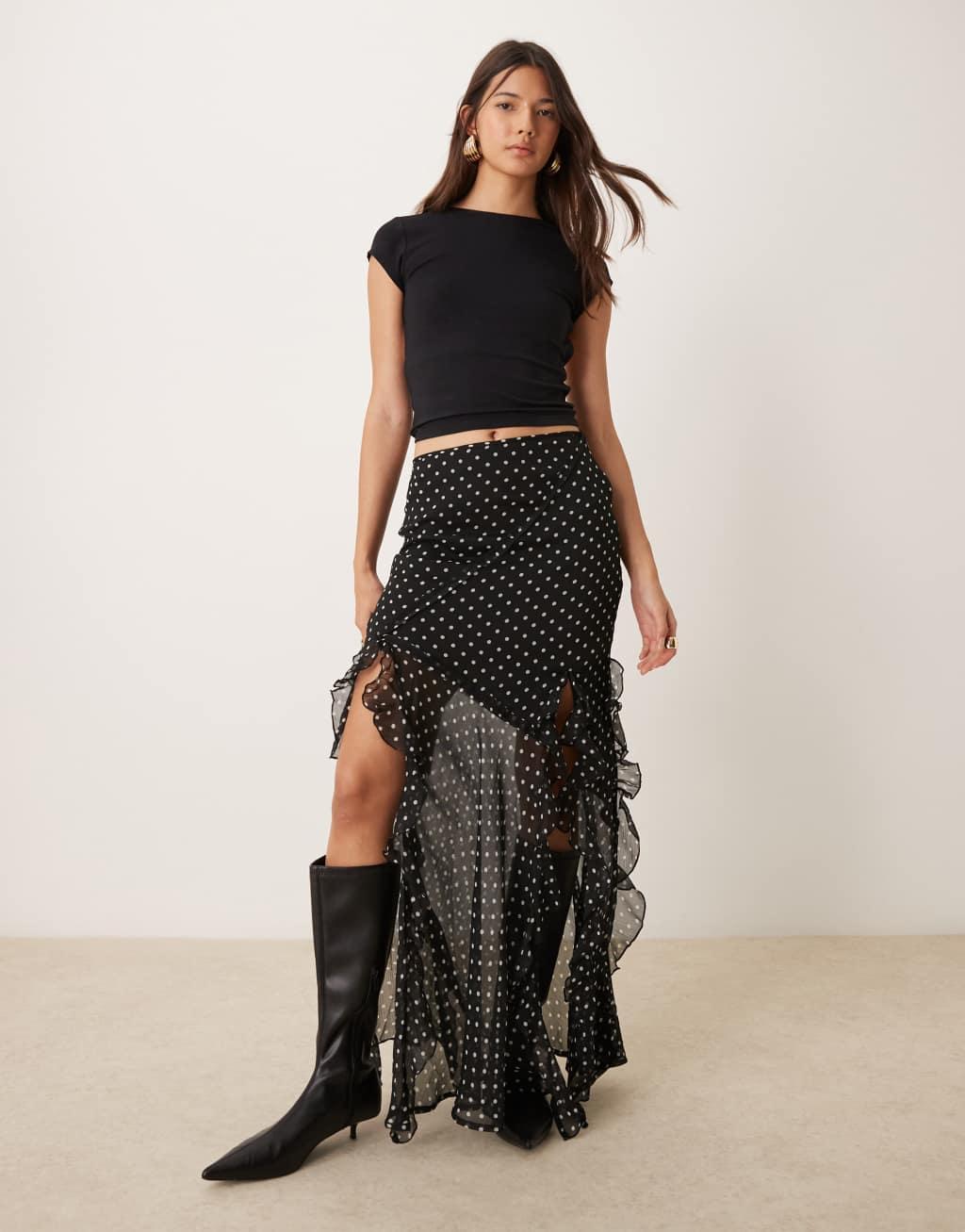 ASOS DESIGN chiffon ruffle detail maxi skirt in mono dot Product Image