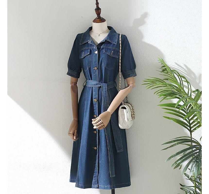 Short-Sleeve Collared Button-Up Denim Midi A-Line Dress Product Image