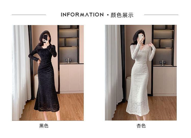 Long-Sleeve V-Neck Midi Lace Mermaid Dress Product Image