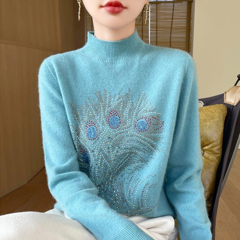 Long-Sleeve Mock Neck Rhinestone Knit Top Product Image