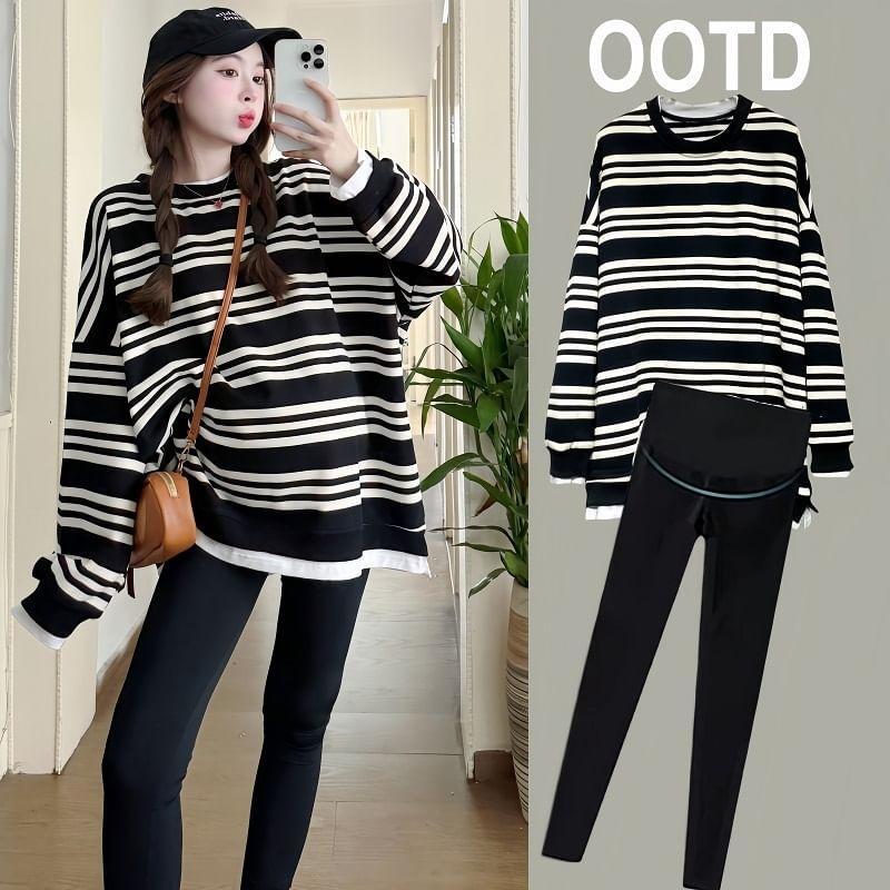 Maternity Round Neck Striped Oversized Sweatshirt Product Image