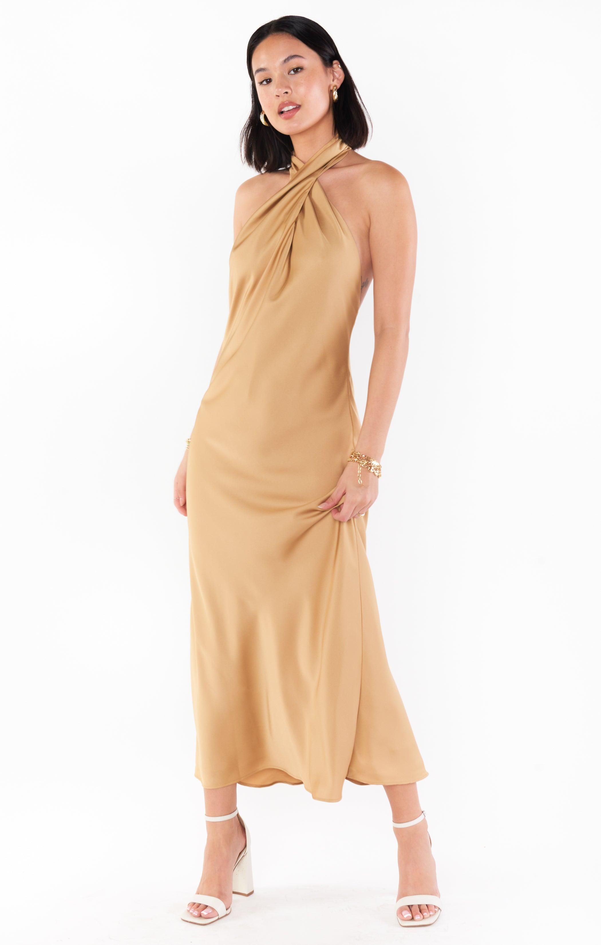 Jasmine Halter Midi Dress ~ True Gold Luxe Satin Product Image