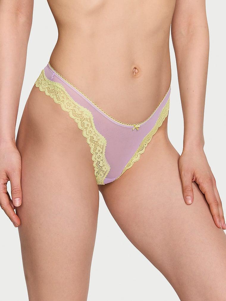 Tease Mesh Lace-Trim High-Leg Thong Panty Product Image