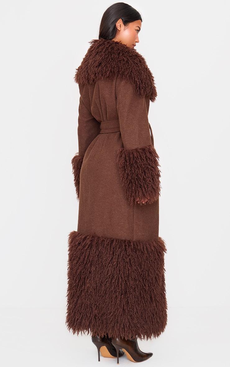 Brown Faux Fur Trim Contrast Wool Look Coat product image