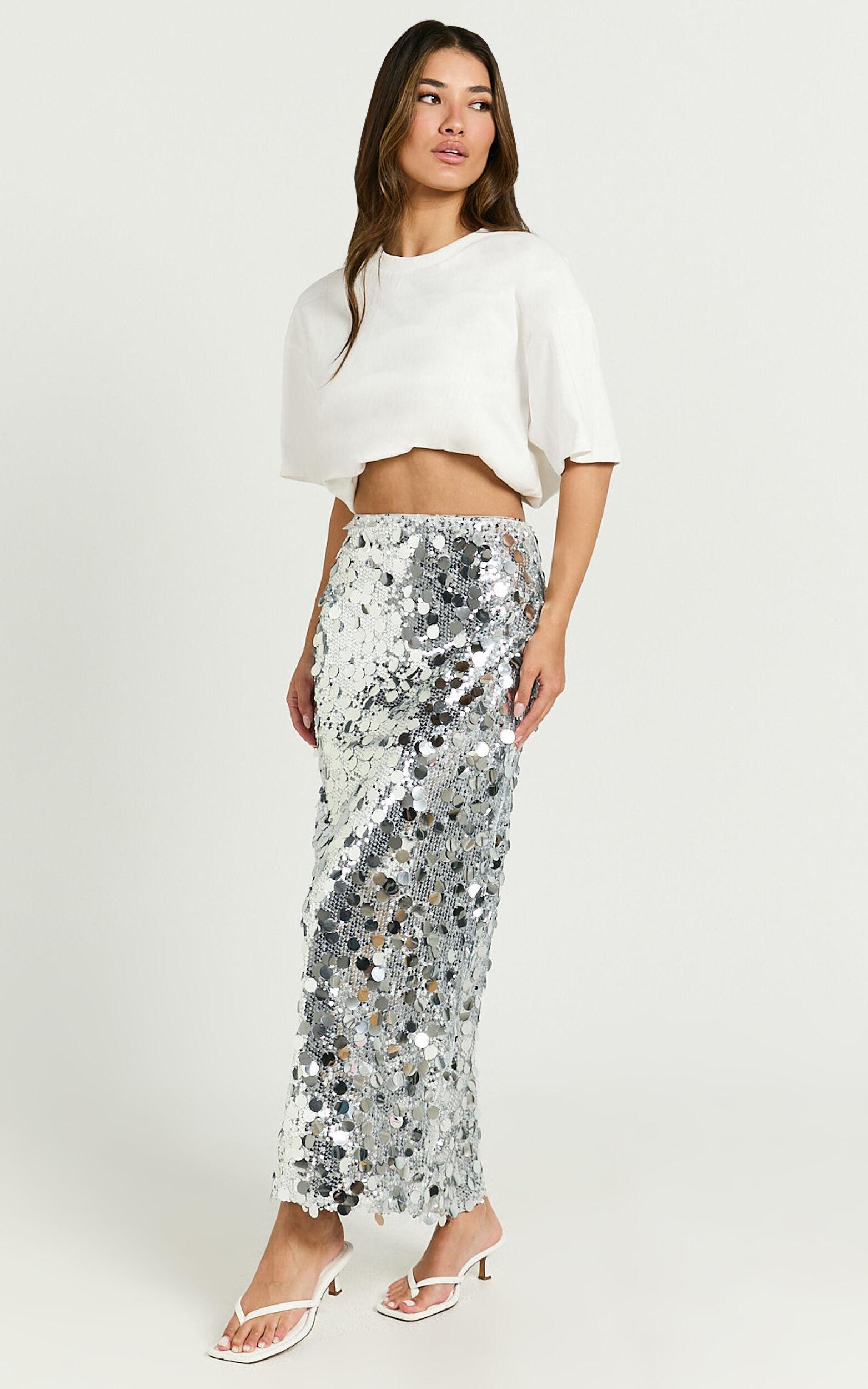 Sinclair Midi Skirt - Sequin Column Skirt in Silver Product Image