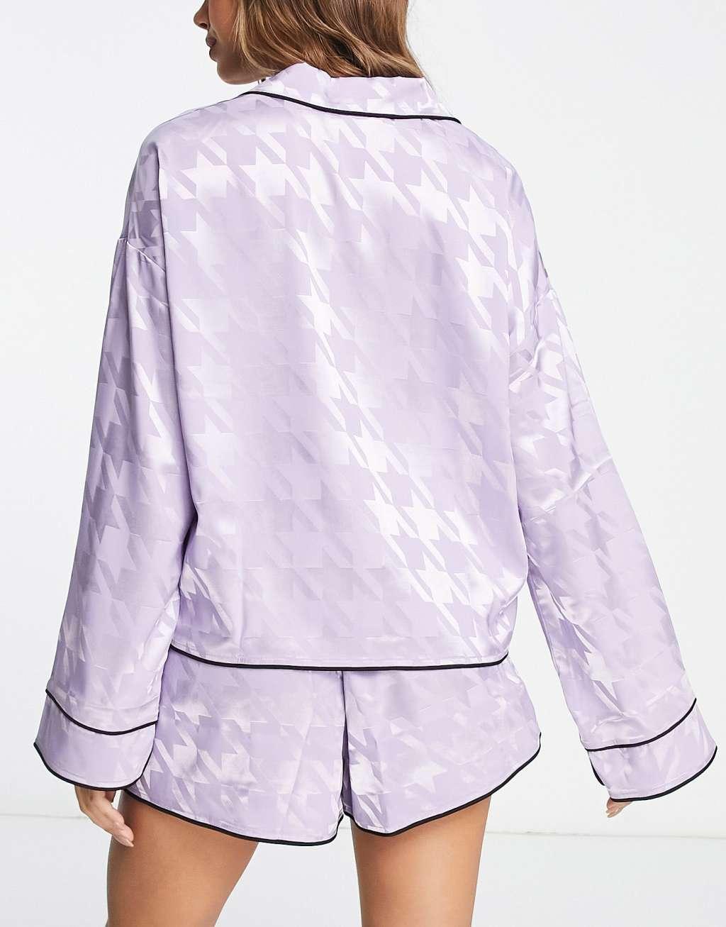 ASOS DESIGN mix & match satin dogtooth jacquard pajama shirt in lilac Product Image