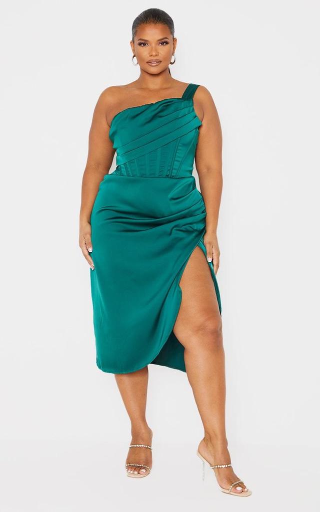 Plus Emerald Green Satin Drape Detail Side Split Midi Dress Product Image