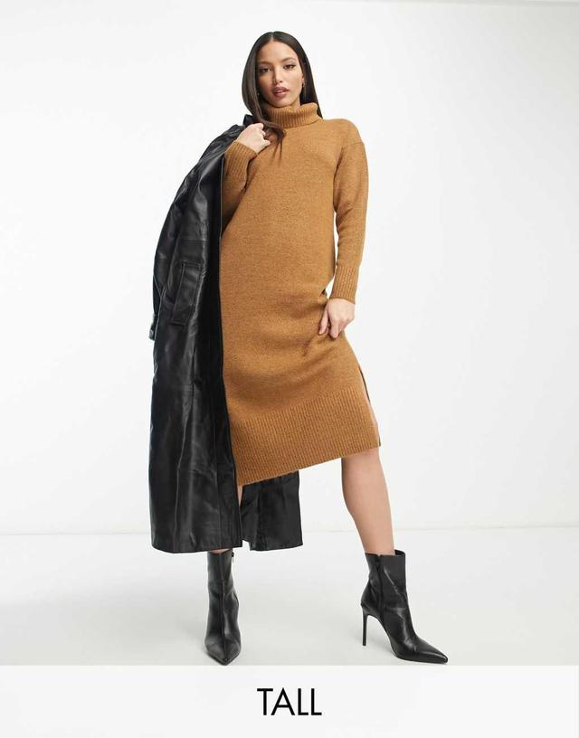 New Look Tall roll neck knitted midi dress in brown Product Image