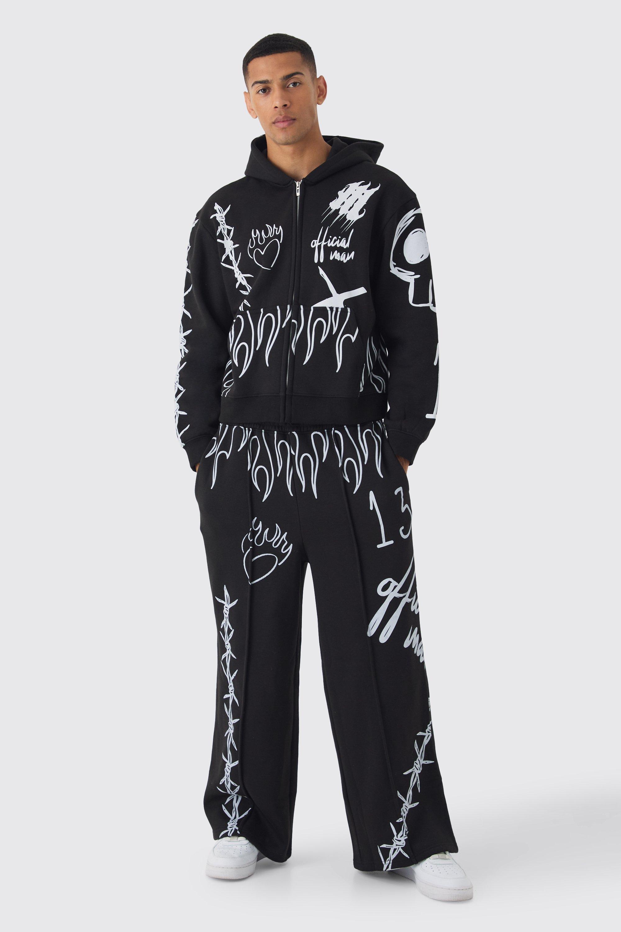 Oversized Boxy All Over Print Graffiti Zip Through Tracksuit | boohooMAN USA product image