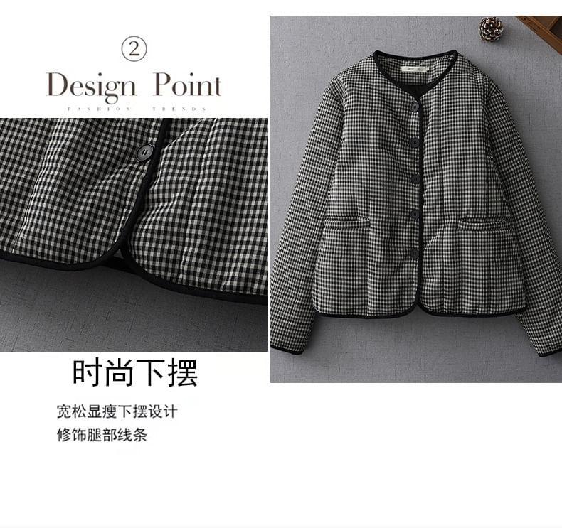 V-Neck Plaid Padded Button Jacket Product Image