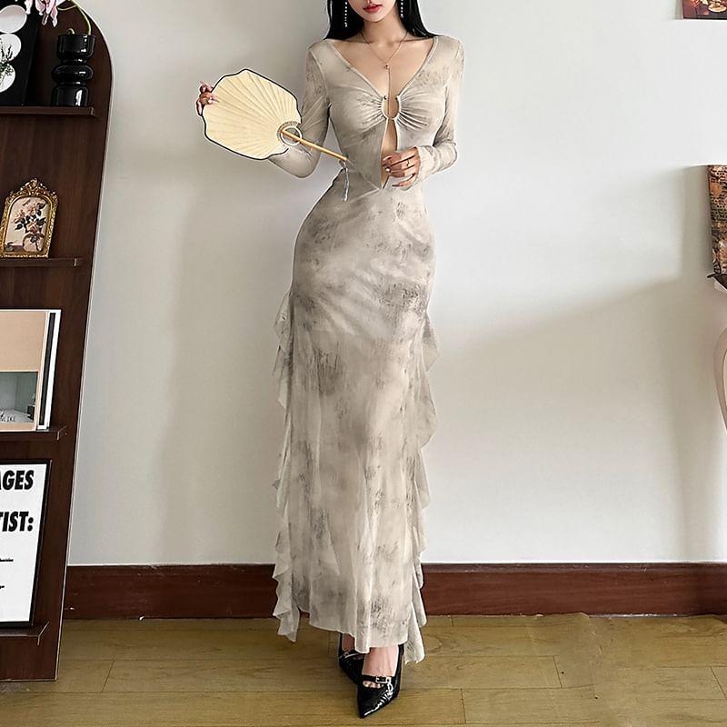 Long-Sleeve V-Neck Cutout Plain Sheer Maxi Sheath Dress Product Image