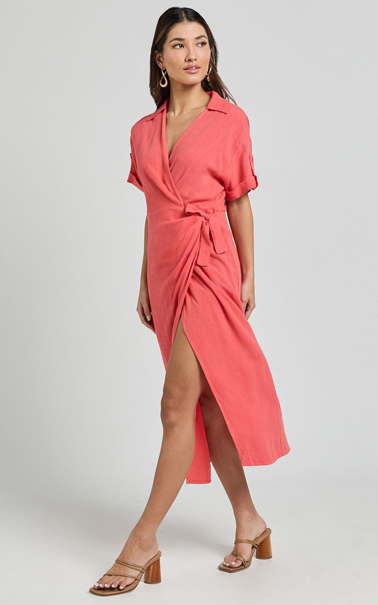 Carina Midi Dress - Linen Blend Short Sleeve Collared Wrap Dress in Orange Product Image