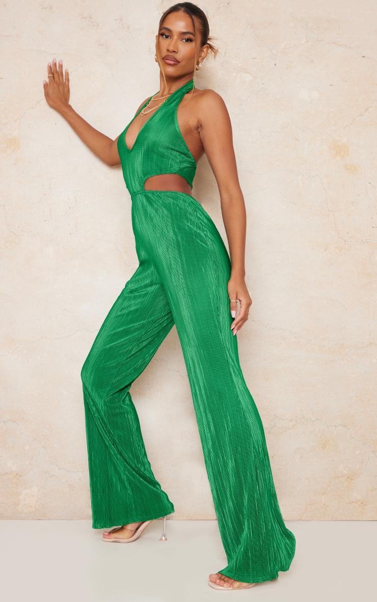 Green Plisse Halterneck Side Cut Out Plunge Jumpsuit Product Image