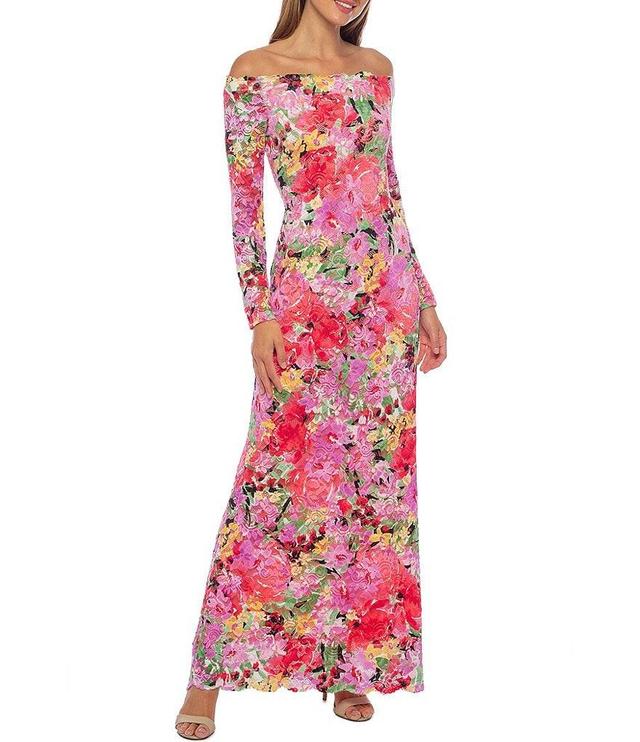 Marina Long Sleeve Off The Shoulder Scalloped Floral Maxi Dress Product Image