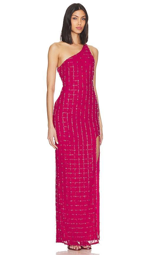 Khanums X Revolve One Shoulder Gown in Fuchsia. Product Image